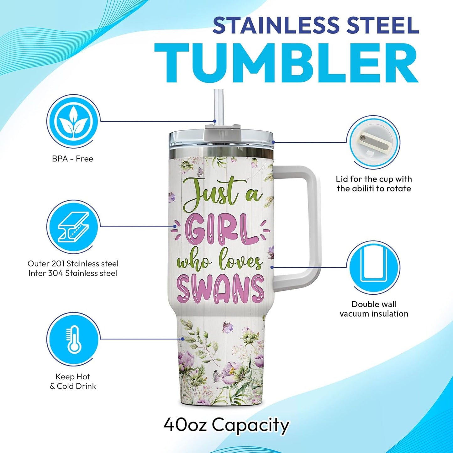 Swan Tumbler 40oz – Personalized Stainless Steel Insulated Travel Cup with Handle & Straw – Elegant Bird Coffee Mug Gift for Women