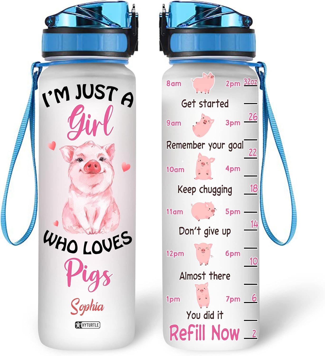 Cute Pig Lovers Water Bottle Tracker 32oz – Personalized Animal Bottle with Time Marker – Fun Gift for Girls & Women