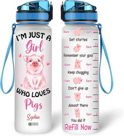 Cute Pig Lovers Water Bottle Tracker 32oz – Personalized Animal Bottle with Time Marker – Fun Gift for Girls & Women