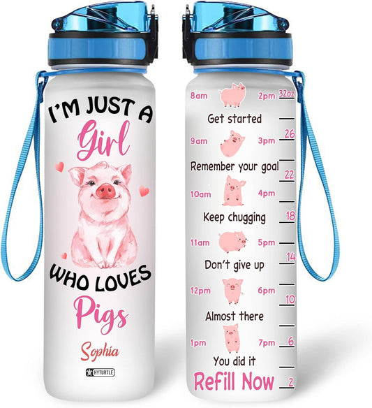 Cute Pig Lovers Water Bottle Tracker 32oz – Personalized Animal Bottle with Time Marker – Fun Gift for Girls & Women