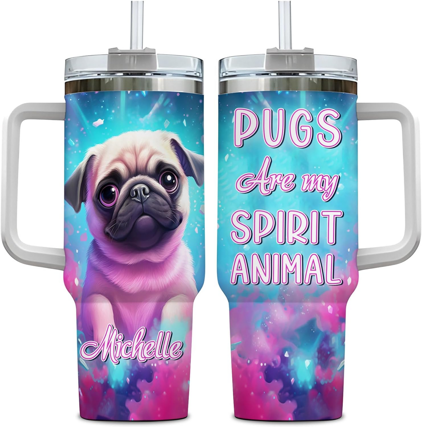 Pug Spirit Animal Tumbler 40oz – Personalized Stainless Steel Cup with Handle & Straw – Fun Gift for Dog Moms & Pet Lovers