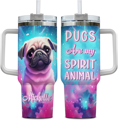 Pug Spirit Animal Tumbler 40oz – Personalized Stainless Steel Cup with Handle & Straw – Fun Gift for Dog Moms & Pet Lovers