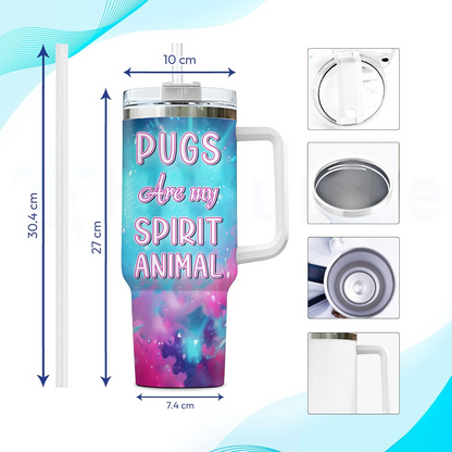 Pug Spirit Animal Tumbler 40oz – Personalized Stainless Steel Cup with Handle & Straw – Fun Gift for Dog Moms & Pet Lovers