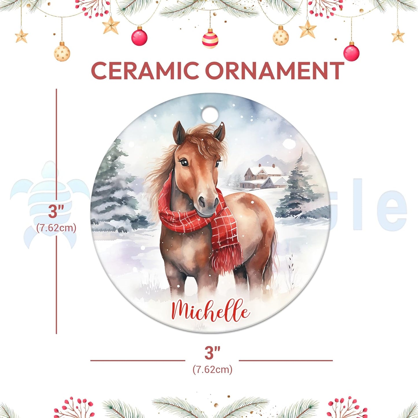 Horse in Snow Scarf Ceramic Circle Ornament – Personalized Christmas Gift for Horse Lover, Rider or Barn Friend