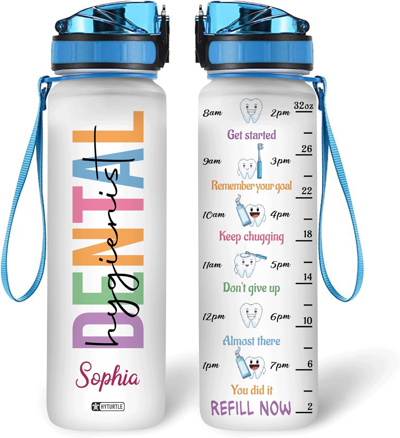 Dental Hygienist Water Bottle Tracker 32oz Personalized – Dentist Motivational Bottle with Time Marker – Practical Gift for Coworkers
