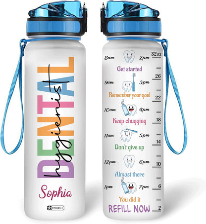 Dental Hygienist Water Bottle Tracker 32oz Personalized – Dentist Motivational Bottle with Time Marker – Practical Gift for Coworkers