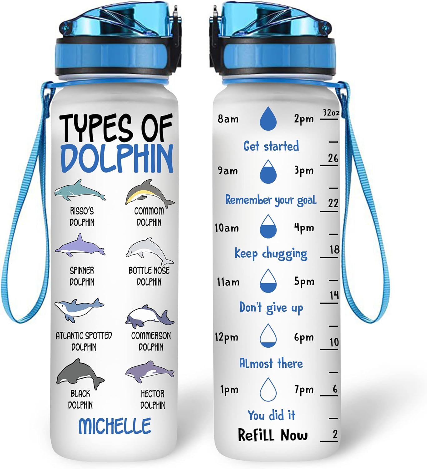 Type Of Dolphin - Personalized Water Tracker Bottle 32oz