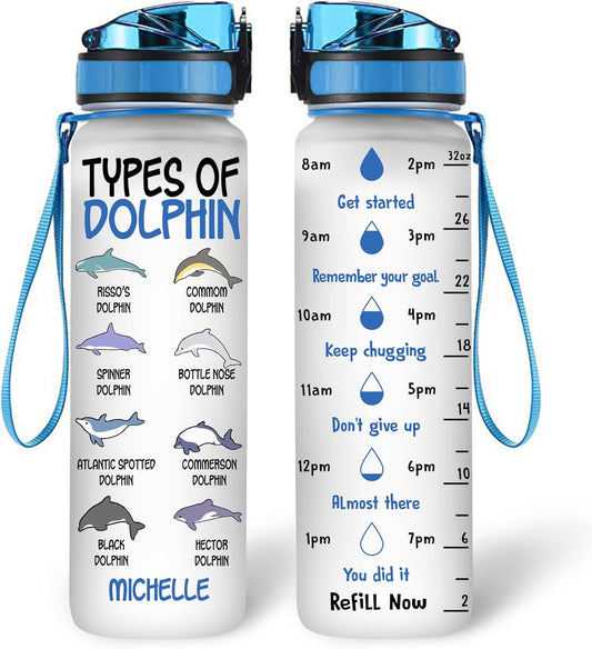 Types of Dolphin 32oz Water Bottle Tracker – Personalized Hydration Bottle with Time Marker – Educational Gift for Marine Lovers