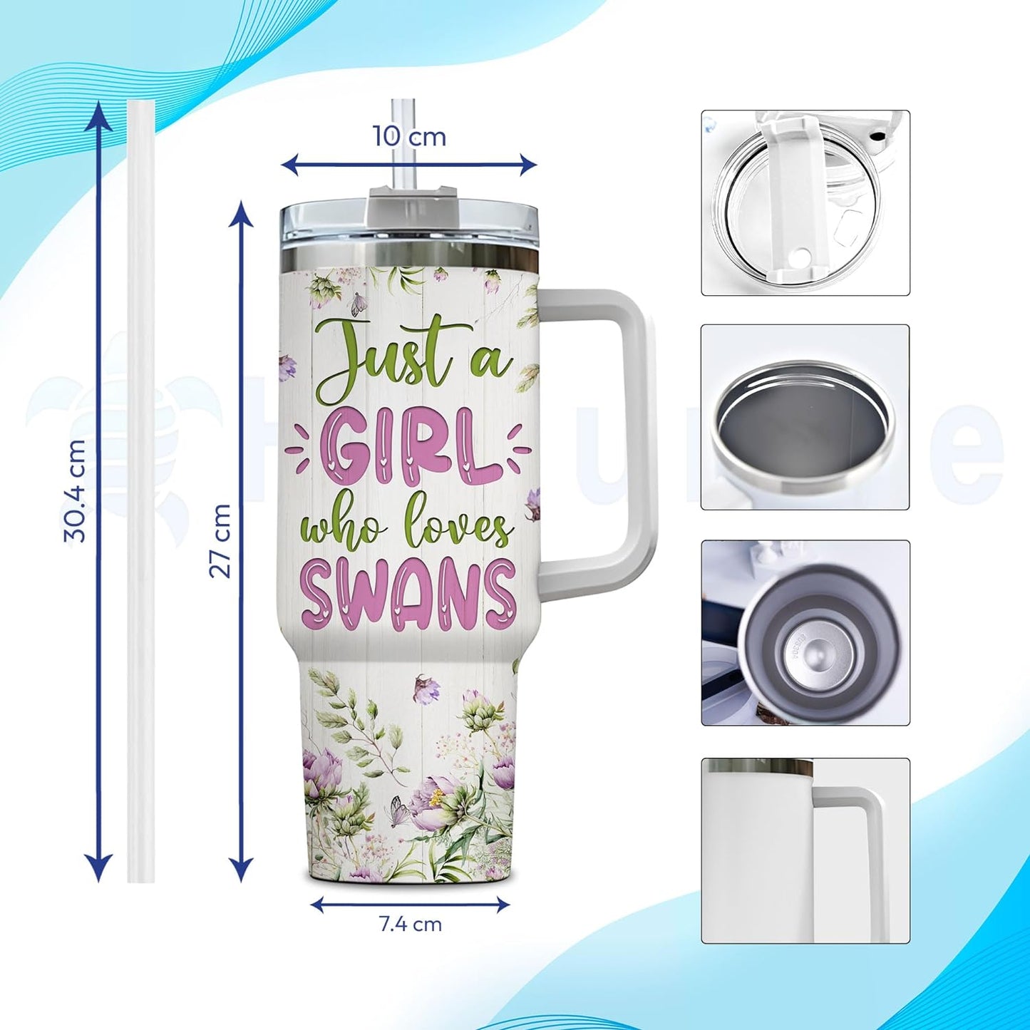 Swan Tumbler 40oz – Personalized Stainless Steel Insulated Travel Cup with Handle & Straw – Elegant Bird Coffee Mug Gift for Women