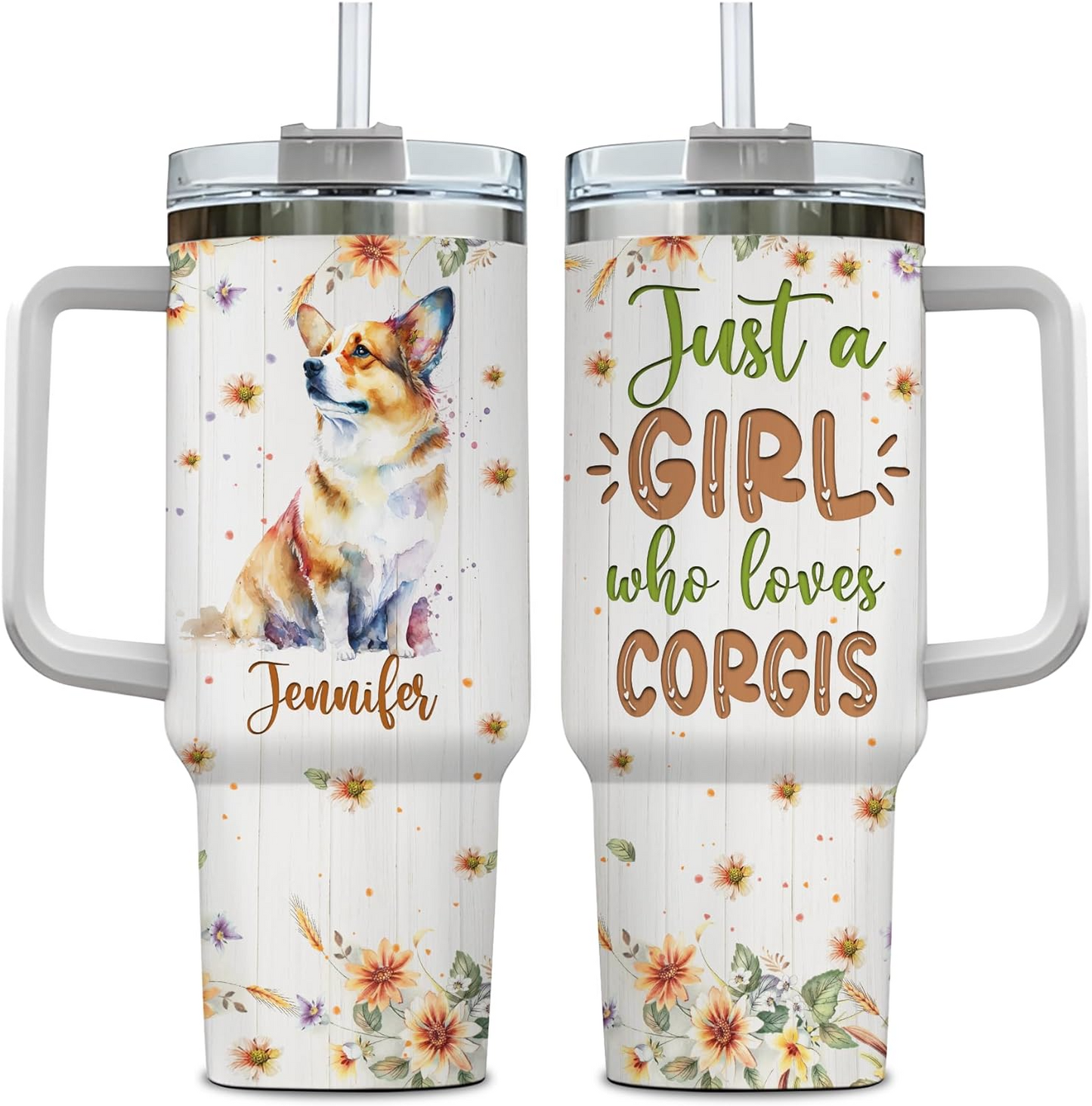 Corgi Lover Tumbler 40oz with Handle & Straw – Personalized Stainless Steel Travel Cup with Lid – Fun Gift for Dog Lovers