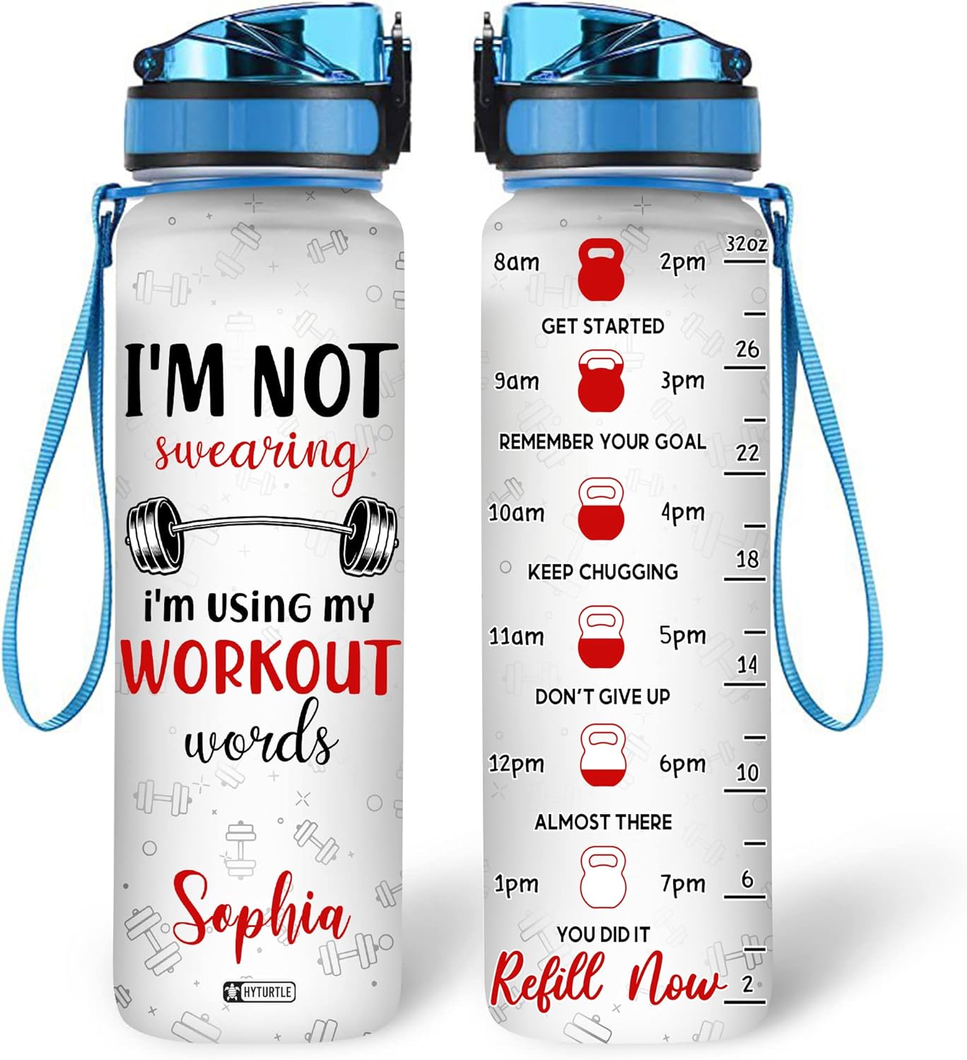 Workout Words Water Bottle Tracker 32oz – Personalized Fitness Daily Bottle with Time Marker – Fun Gym Gift for Women