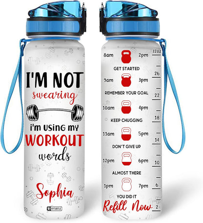 Workout Words Water Bottle Tracker 32oz – Personalized Fitness Daily Bottle with Time Marker – Fun Gym Gift for Women