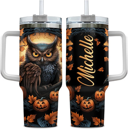 Halloween Owl Tumbler 40oz with Handle & Straw – Personalized Stainless Steel Insulated Cup with Lid – Spooky Gift for Owl Lovers