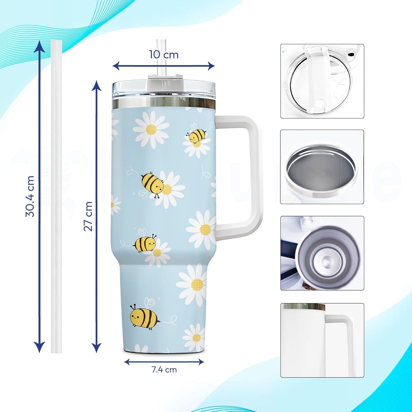 Bee & Daisy Tumbler 40oz with Handle & Straw – Personalized Stainless Steel Insulated Travel Cup with Lid – Cute Floral Gift for Nature Lovers