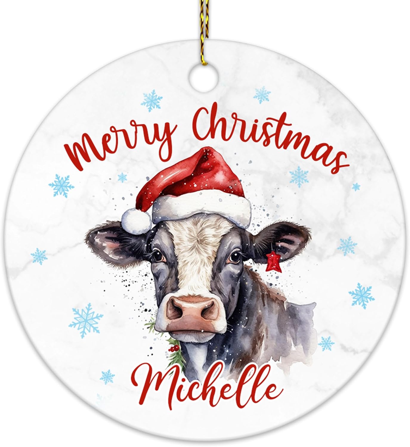 Cow Christmas Ceramic Ornament  Personalized Farm Animal Holiday Decoration Keepsake  Cute Custom Gift for Women & Kids