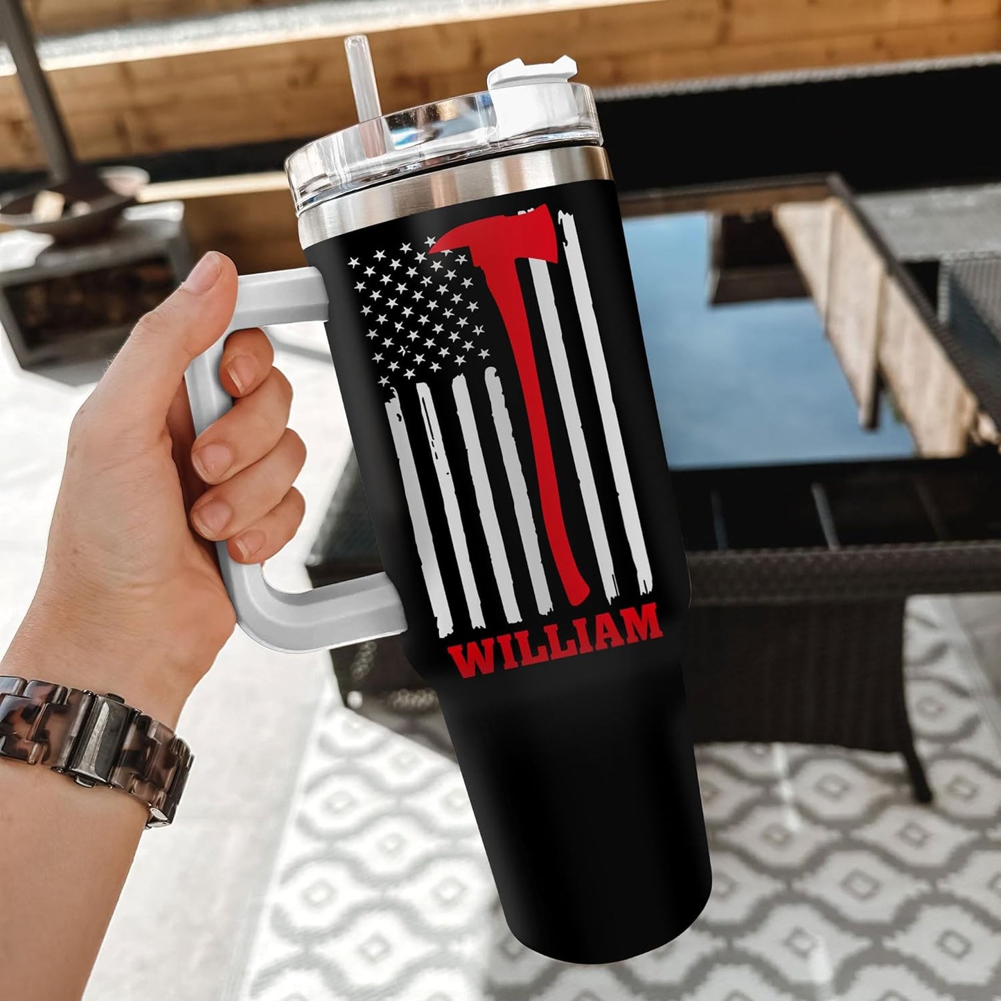 Firefighter Flag Tumbler 40oz with Handle & Straw – Personalized Stainless Steel Insulated Travel Cup with Lid – Meaningful Gift for Firemen & Heroes