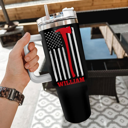 Firefighter Flag Tumbler 40oz with Handle & Straw – Personalized Stainless Steel Insulated Travel Cup with Lid – Meaningful Gift for Firemen & Heroes