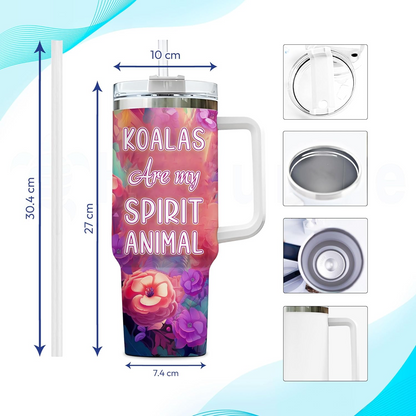 Koala Lover Tumbler 40oz with Handle & Straw – Personalized Stainless Steel Insulated Travel Cup with Lid – Cute Birthday Gift for Animal Lovers