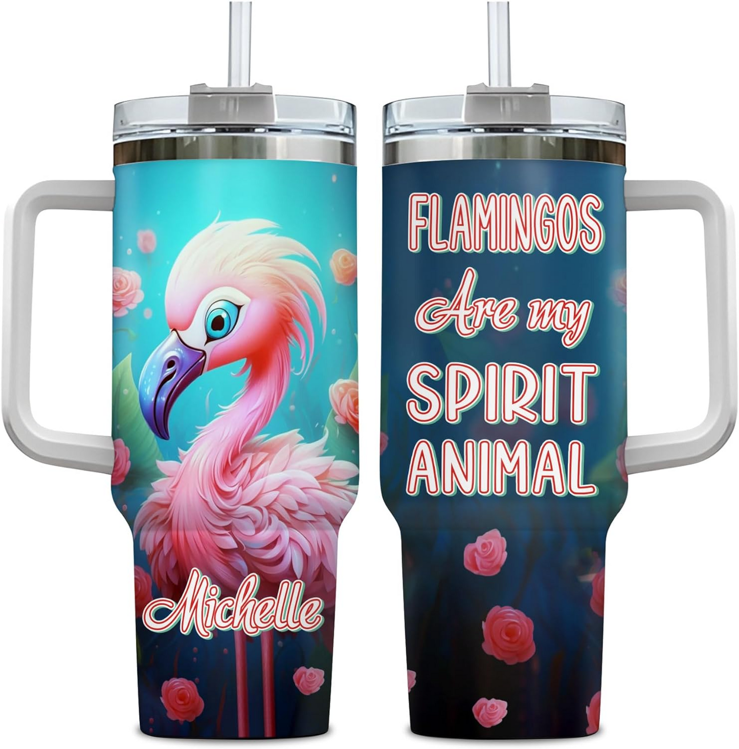 Flamingo Lover Tumbler 40oz with Handle & Straw – Personalized Stainless Steel Insulated Cup with Lid – Stylish Birthday Gift for Animal Lovers