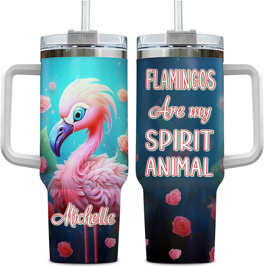 Flamingo Lover Tumbler 40oz with Handle & Straw – Personalized Stainless Steel Insulated Cup with Lid – Stylish Birthday Gift for Animal Lovers
