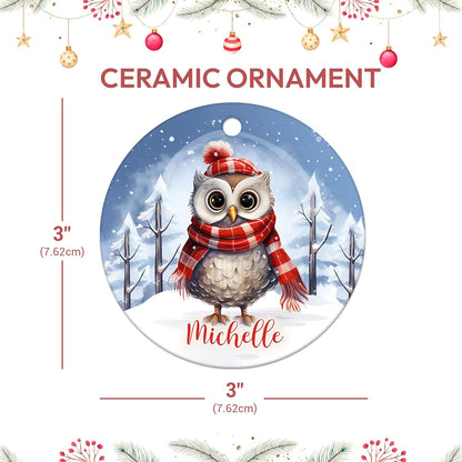 Owl in Scarf Winter Scene Ceramic Ornament – Personalized Custom Name Circle Keepsake, Christmas or Birthday Gift for Owl Lover Women