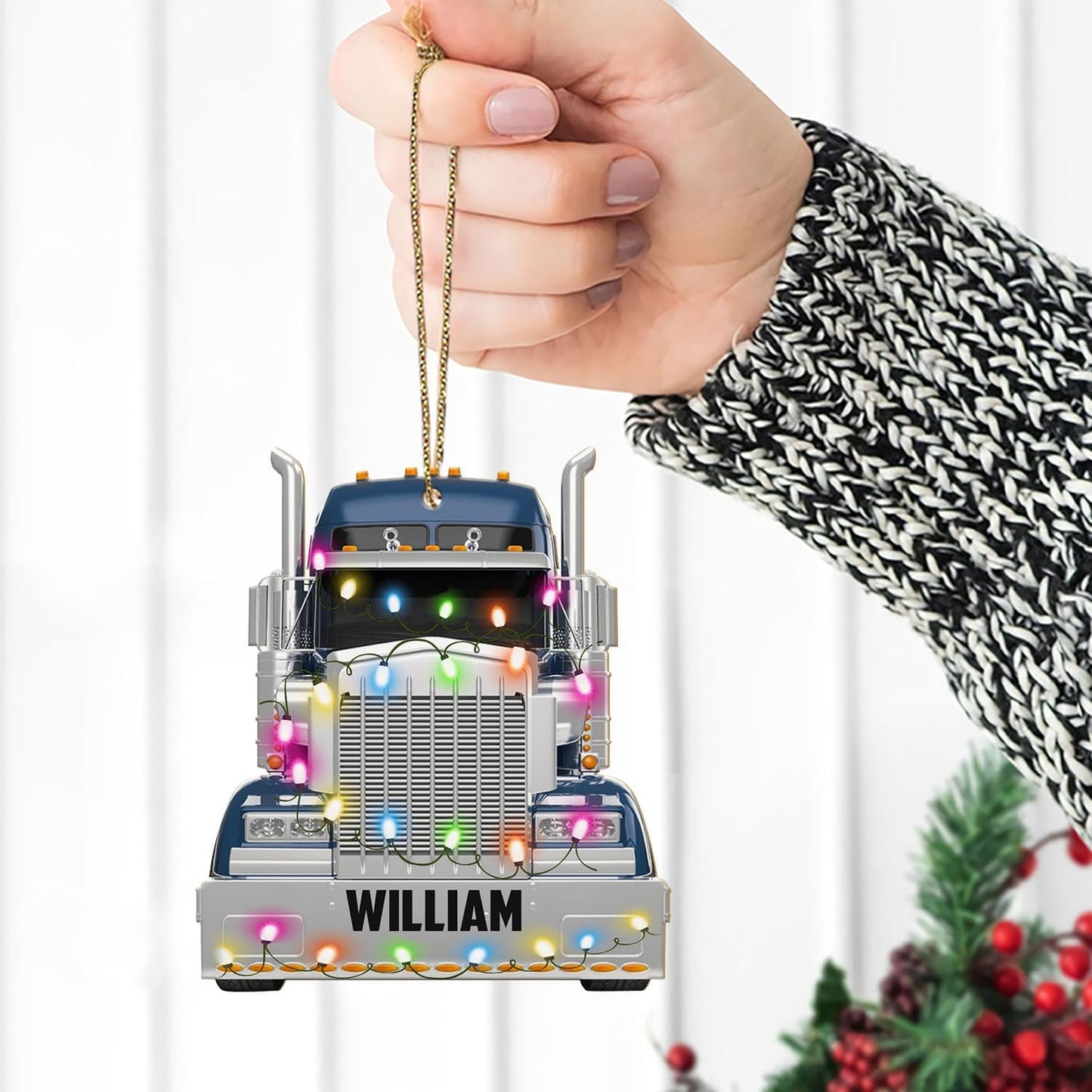 Blue Truck Christmas Light Cut Acrylic Ornament – Personalized Trucker Gift for Men, Husband, or Coworker