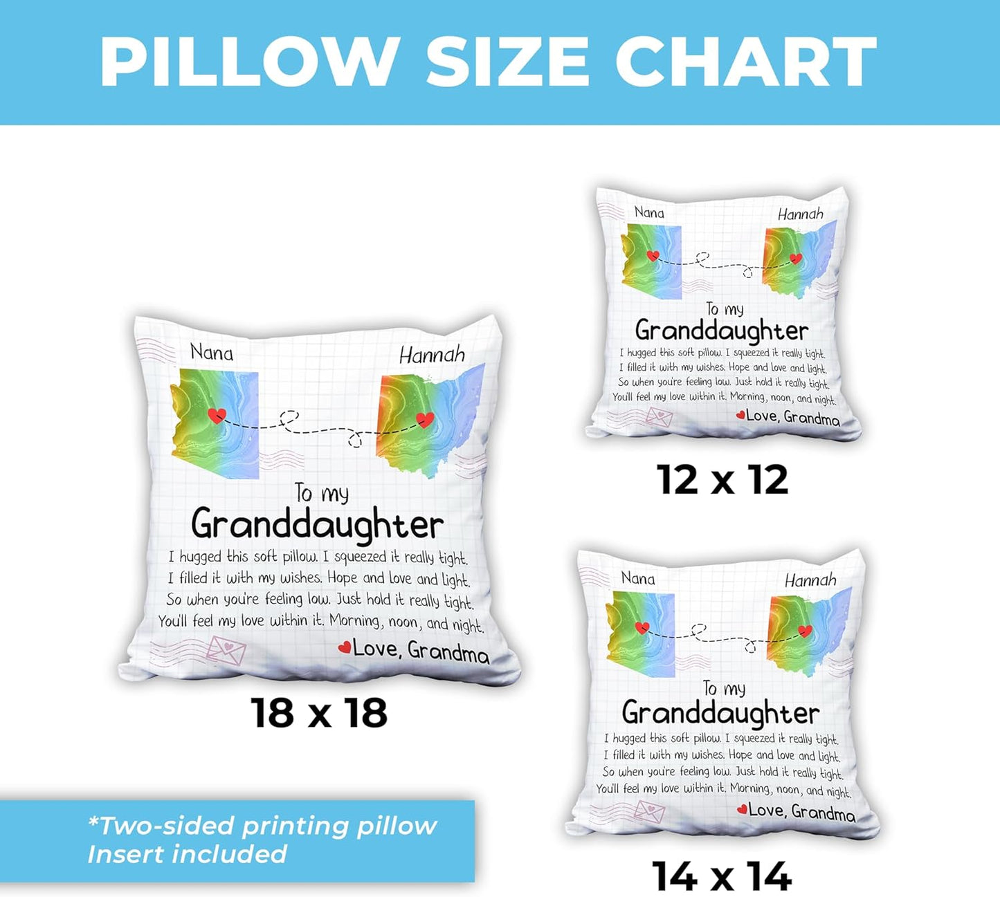 To My Granddaughter Personalized Pillow with Insert – Long Distance State Map Cushion – Cozy Keepsake Gift from Grandma