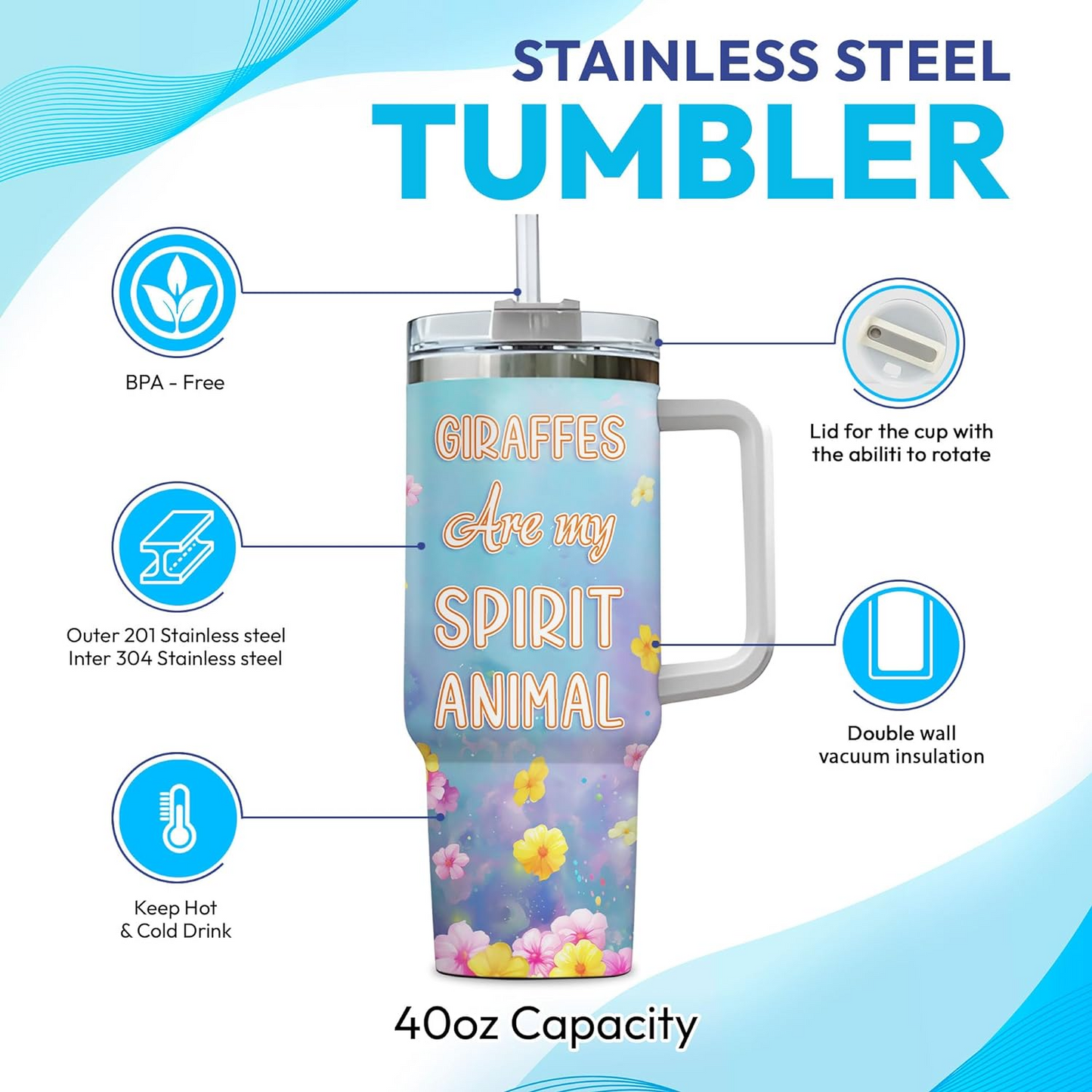 Giraffe Lover Tumbler 40oz with Handle & Straw – Personalized Stainless Steel Insulated Travel Cup with Lid – Cute Birthday Gift for Animal Lovers