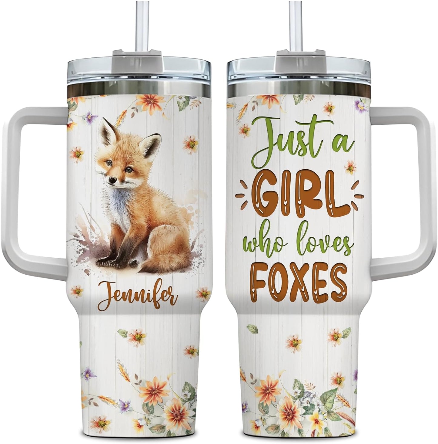 Fox Woodland Tumbler 40oz – Personalized Stainless Steel Insulated Cup with Handle & Straw – Cute Gift for Fox Lovers