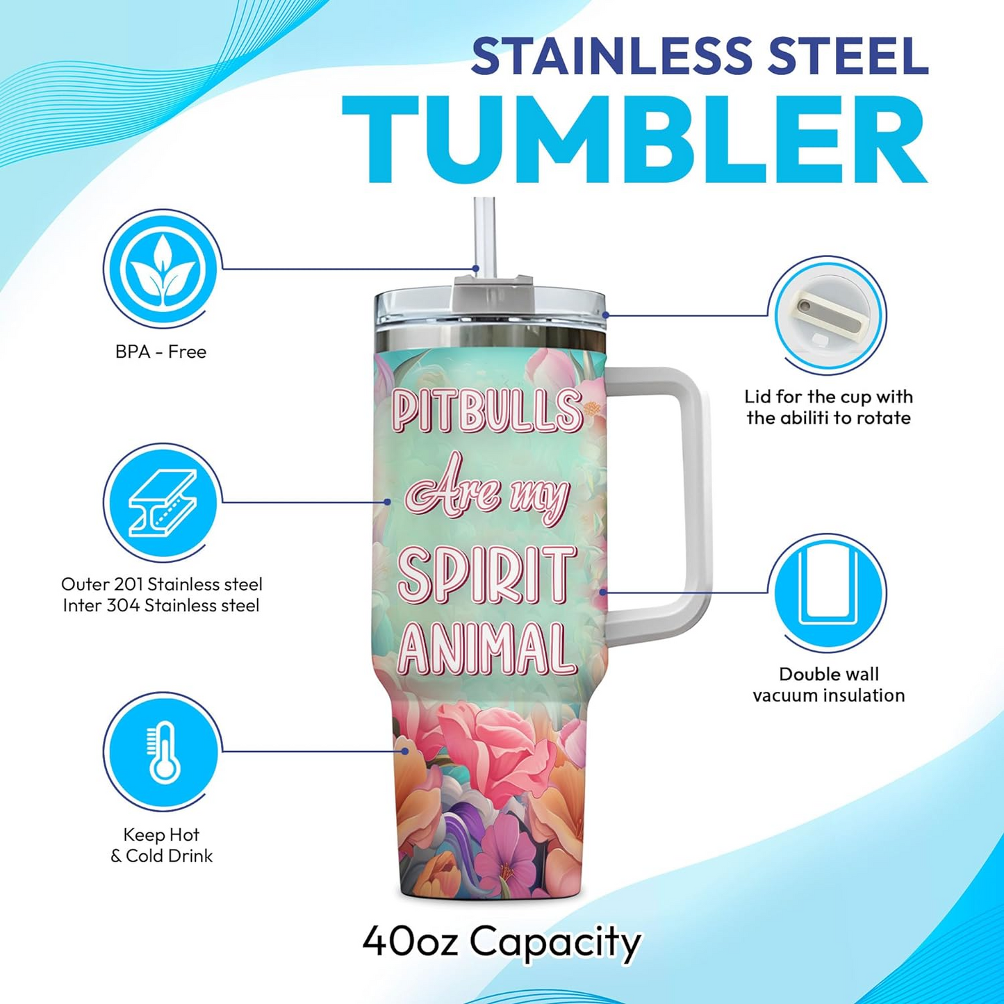 Pitbull Spirit Animal Tumbler 40oz – Personalized Stainless Steel Insulated Cup with Handle & Straw – Stylish Gift for Dog Lovers