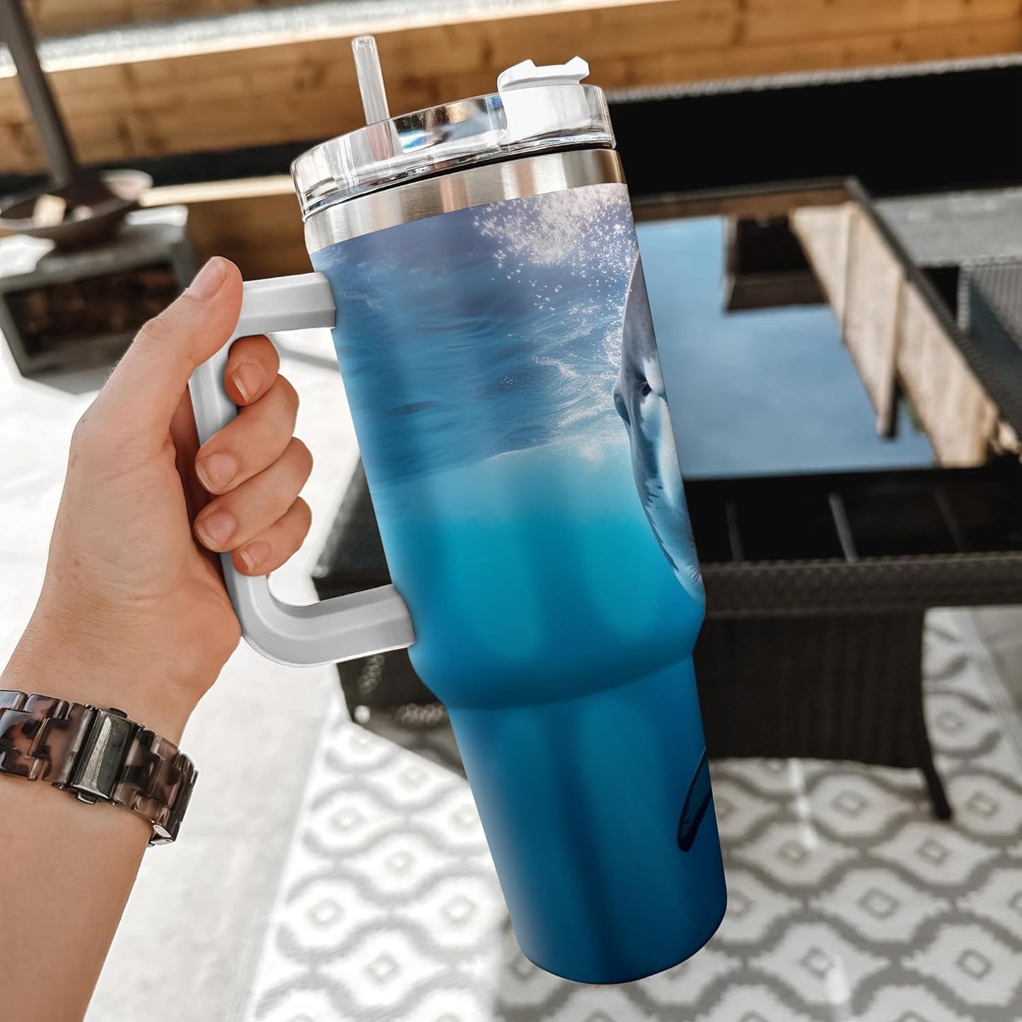 Great White Shark Tumbler 40oz – Personalized Stainless Steel Insulated Cup with Handle & Straw – Bold Gift for Shark Lovers