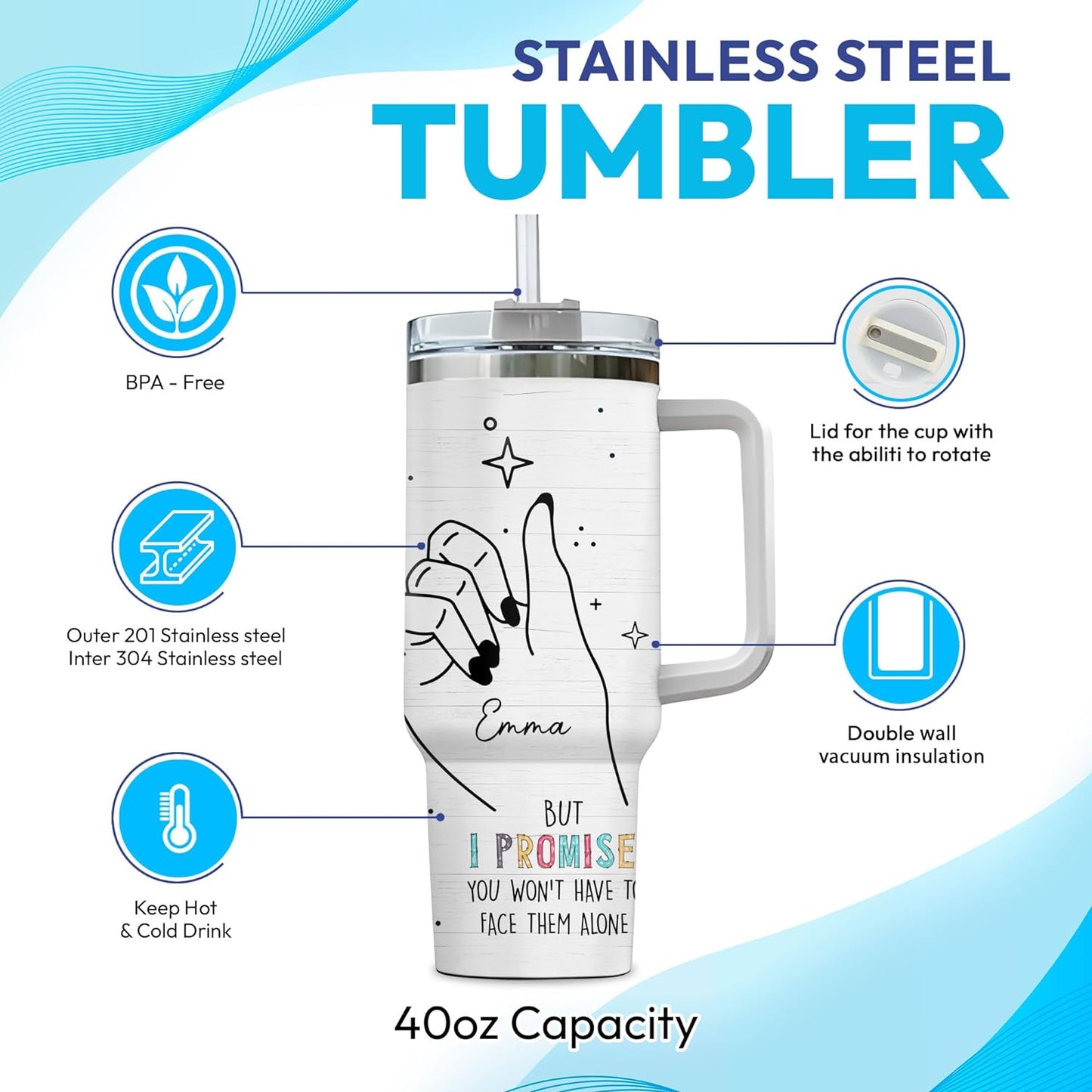 Best Friend Promise Tumbler 40oz with Handle & Straw – Personalized Stainless Steel Insulated Cup with Lid – Unique Friendship Gift