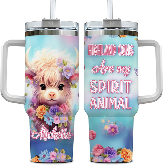 Highland Cow Lover Tumbler 40oz with Handle & Straw – Personalized Stainless Steel Insulated Cup with Lid – Cute Farm Animal Gift for Birthday or Christmas