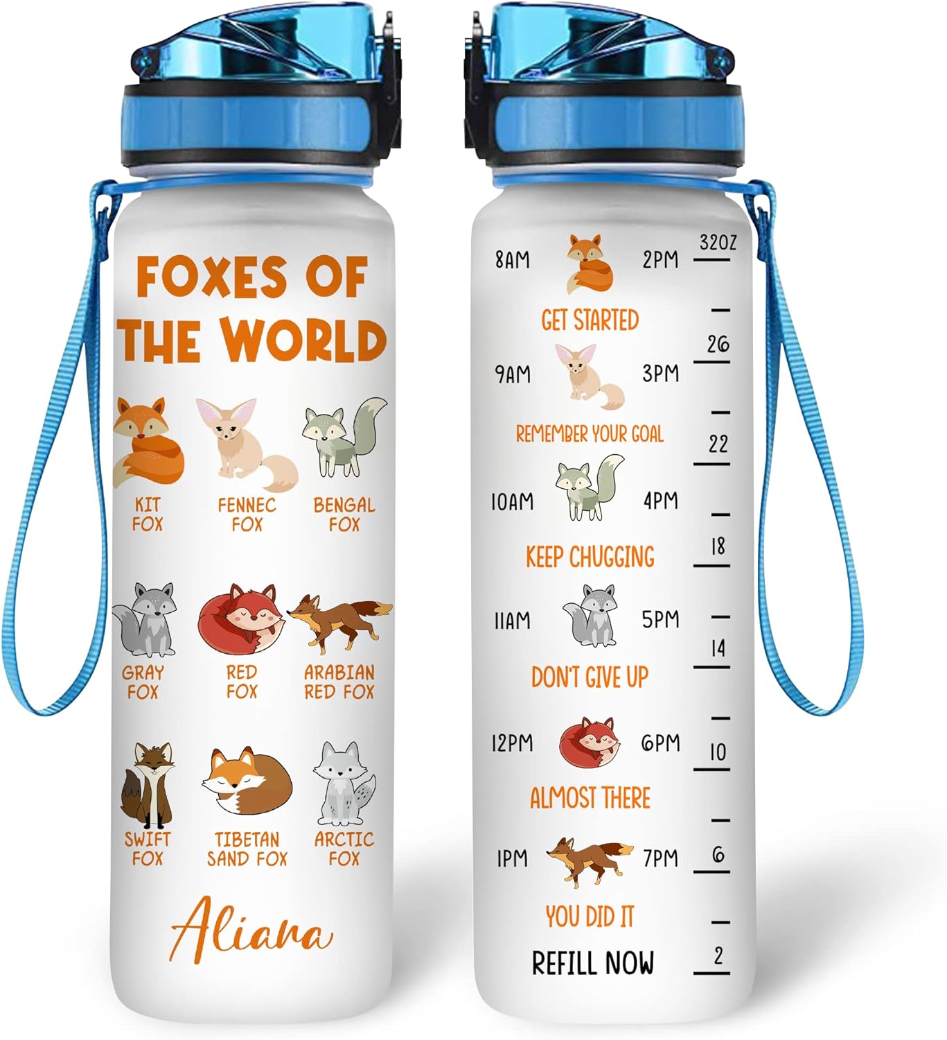 Foxes of the World Water Bottle Tracker 32oz – Personalized Animal Lover Gift for Fox Enthusiasts & Wildlife Fans