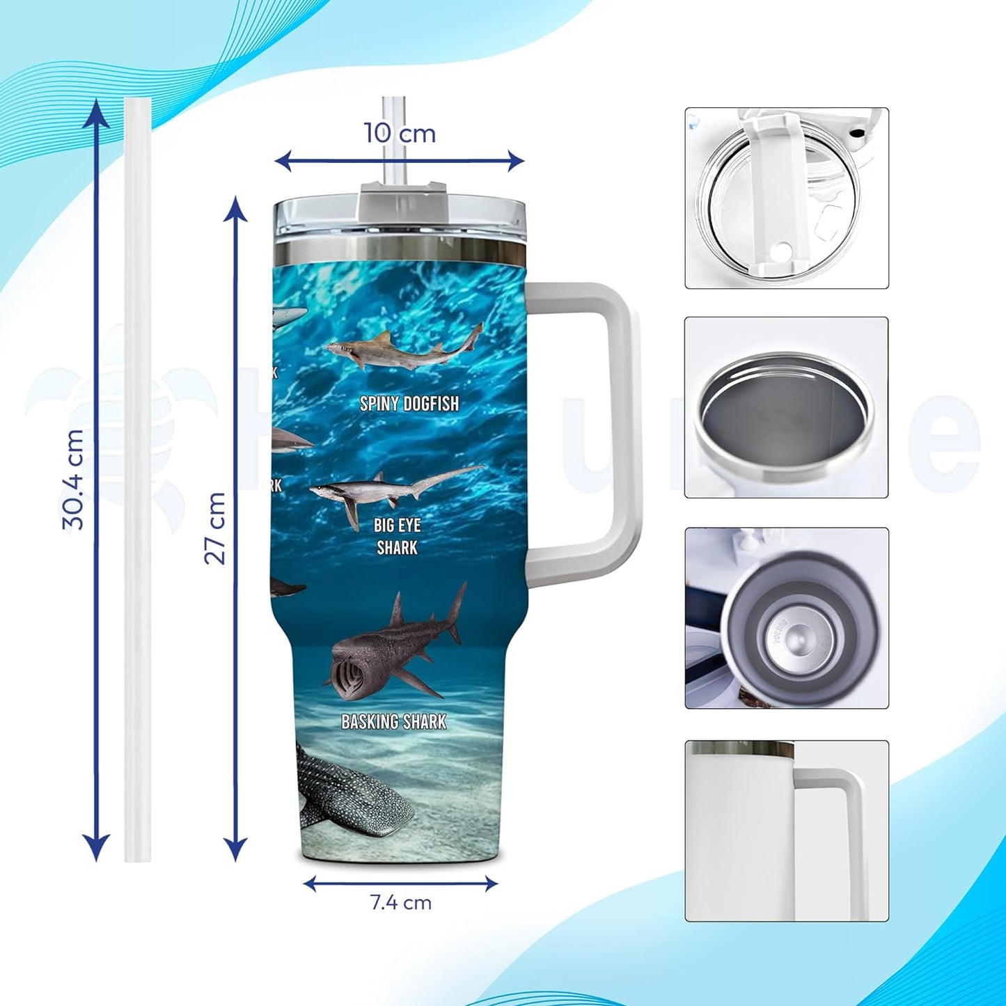 Shark Lover Tumbler 40oz with Handle & Straw – Personalized Stainless Steel Insulated Travel Cup with Lid – Sea Adventure Gift for Men & Kids