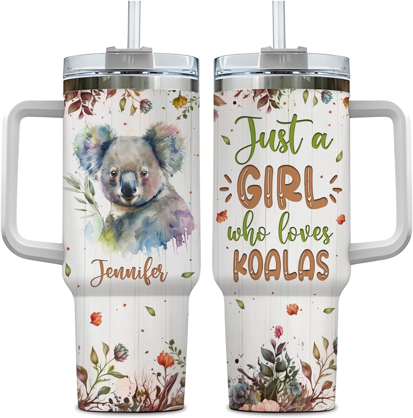 Koala Lover Tumbler 40oz with Handle & Straw – Personalized Stainless Steel Insulated Travel Cup with Lid – Adorable Gift for Wildlife Fans
