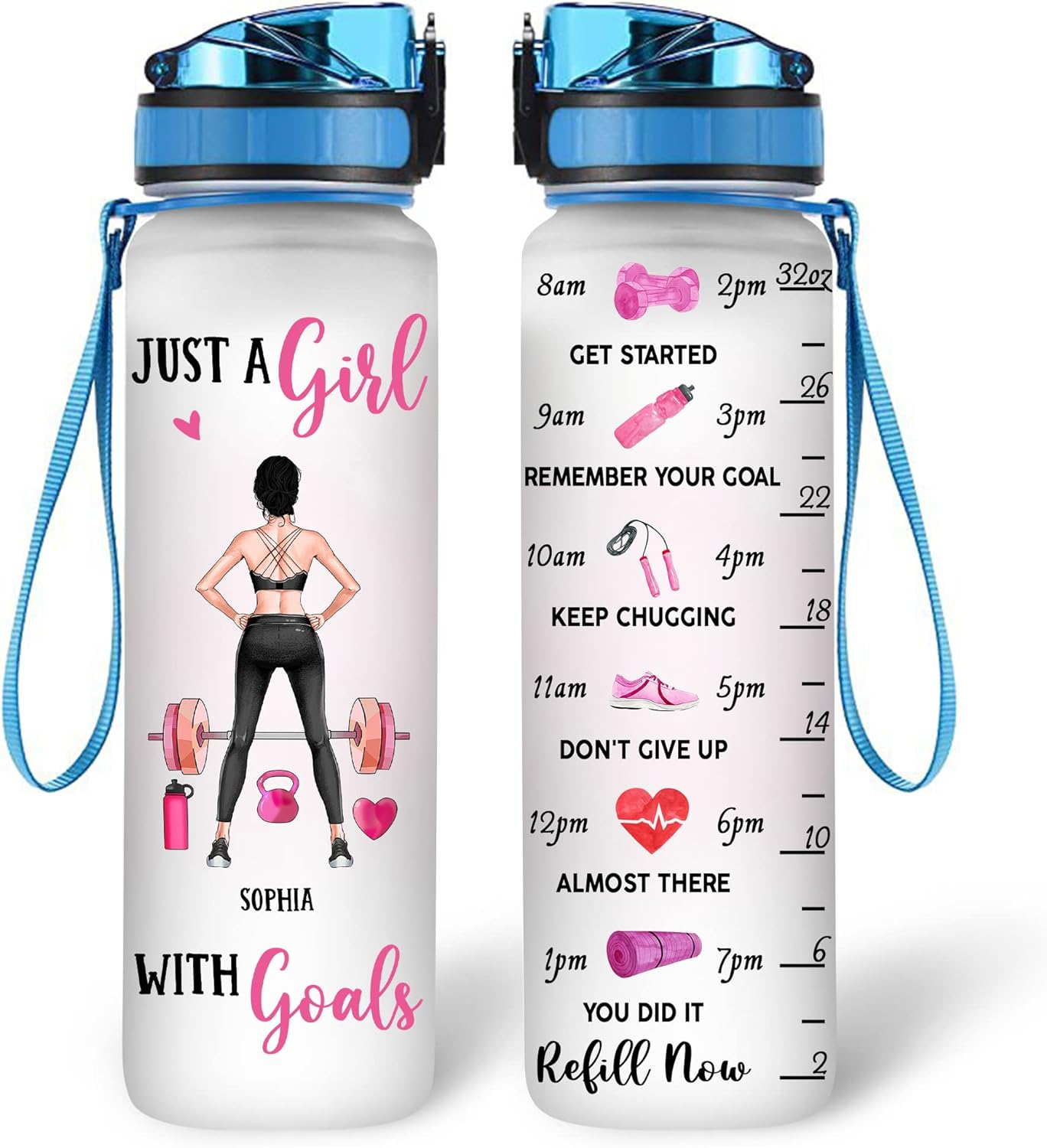 Just A Girl With Goals Water Bottle Tracker 32oz Personalized – Fitness Motivational Daily Bottle with Time Marker – Unique Gym Gift