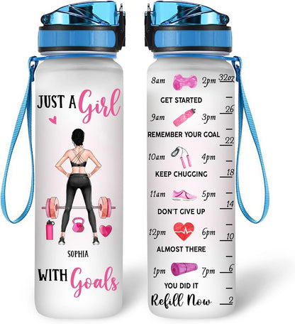 Just A Girl With Goals Water Bottle Tracker 32oz Personalized – Fitness Motivational Daily Bottle with Time Marker – Unique Gym Gift