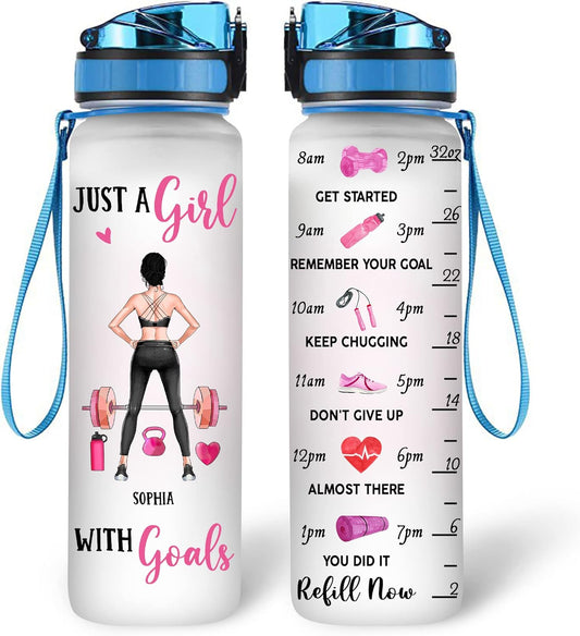 Just A Girl With Goals Water Bottle Tracker 32oz Personalized – Fitness Motivational Daily Bottle with Time Marker – Unique Gym Gift