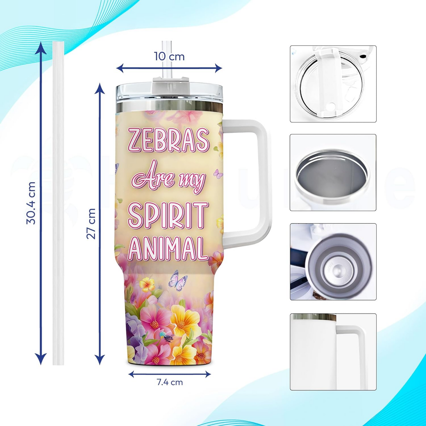Zebra Lover Tumbler 40oz with Handle & Straw – Personalized Stainless Steel Insulated Cup with Lid – Stylish Birthday Gift for Animal Fans