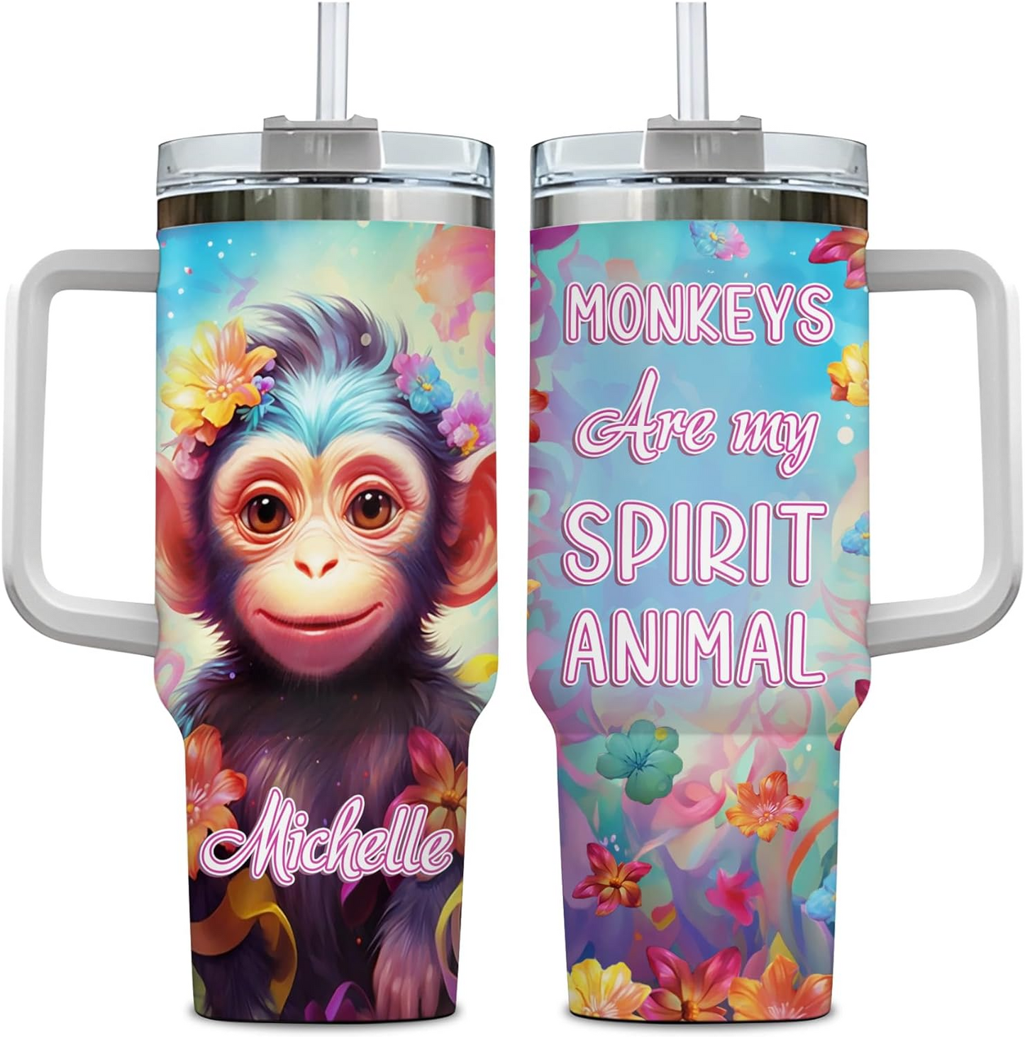 Monkey Lover Tumbler 40oz with Handle & Straw – Personalized Stainless Steel Insulated Travel Cup with Lid – Fun Birthday Gift for Animal Lovers