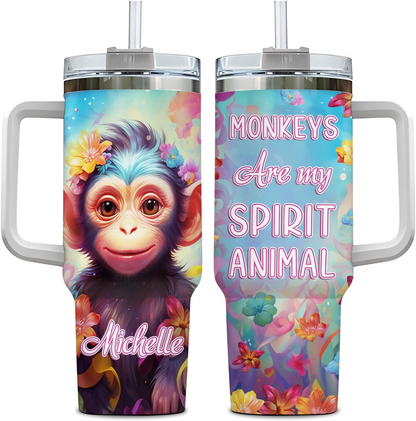 Monkey Lover Tumbler 40oz with Handle & Straw – Personalized Stainless Steel Insulated Travel Cup with Lid – Fun Birthday Gift for Animal Lovers