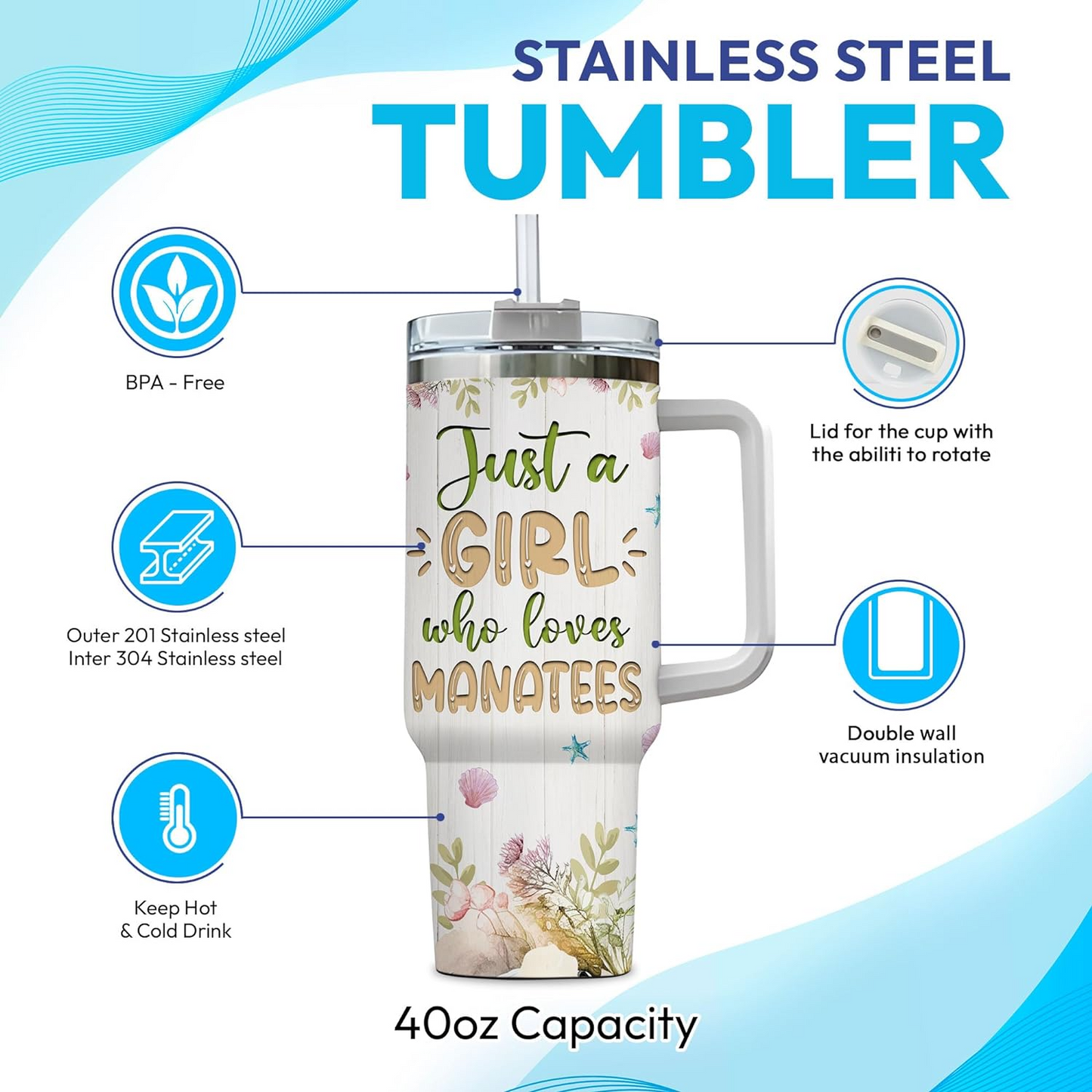 Manatee Ocean Lover Tumbler 40oz – Personalized Stainless Steel Travel Cup with Handle & Straw, Watercolor Marine Design – Unique Gift for Women & Girls