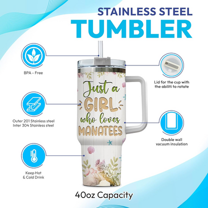 Manatee Ocean Lover Tumbler 40oz – Personalized Stainless Steel Travel Cup with Handle & Straw, Watercolor Marine Design – Unique Gift for Women & Girls