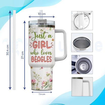 Beagle Dog Lover Tumbler 40oz – Personalized Stainless Steel Insulated Cup with Handle & Straw, Watercolor Floral Design – Heartfelt Gift for Women & Girls