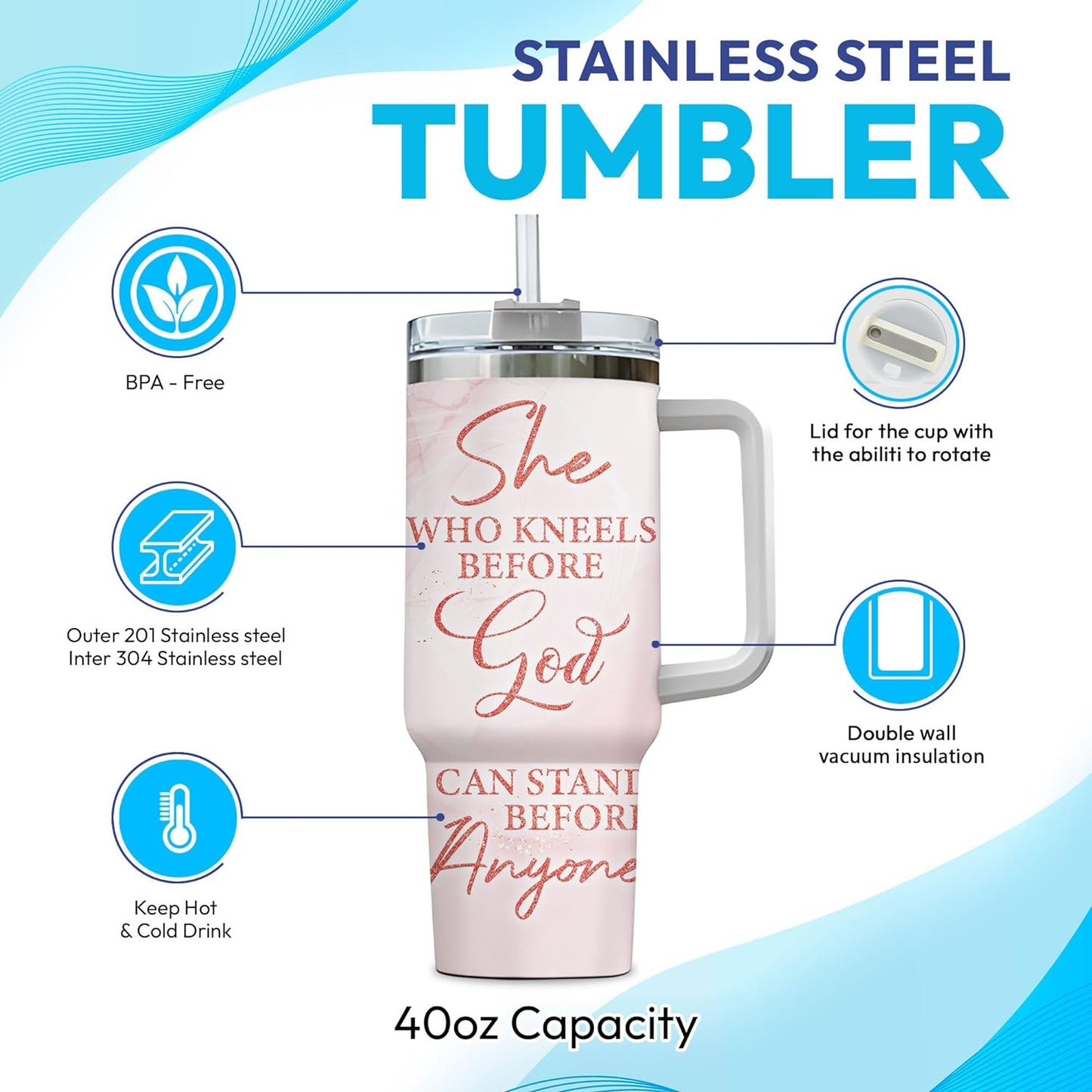 Christian Woman Tumbler 40oz with Handle & Straw – Personalized Stainless Steel Insulated Cup with Lid – Inspirational Faith Gift for Women