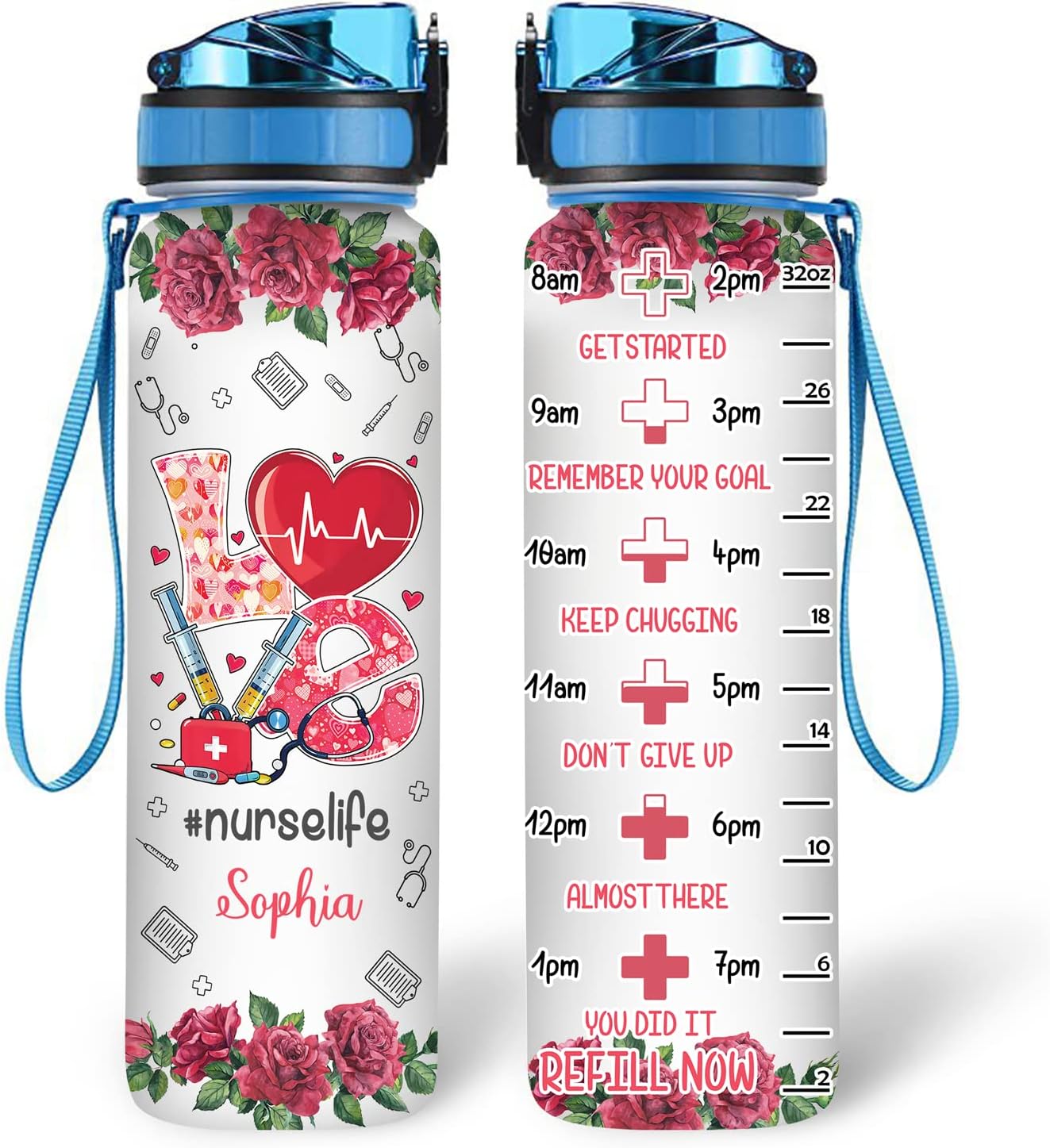 Nurse Life Water Bottle Tracker 32oz Personalized – Medical Theme Hydration Bottle with Time Marker – Inspirational Gift for Nurses