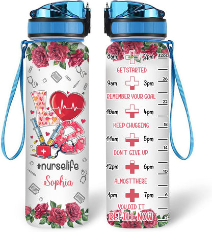 Nurse Life Water Bottle Tracker 32oz Personalized – Medical Theme Hydration Bottle with Time Marker – Inspirational Gift for Nurses