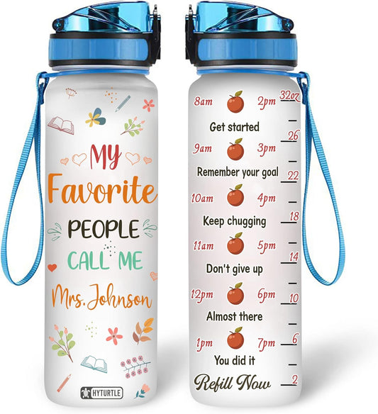 Teacher Appreciation Water Bottle Tracker 32oz Personalized – Motivational Daily Bottle with Time Marker – Unique Gift for Teachers