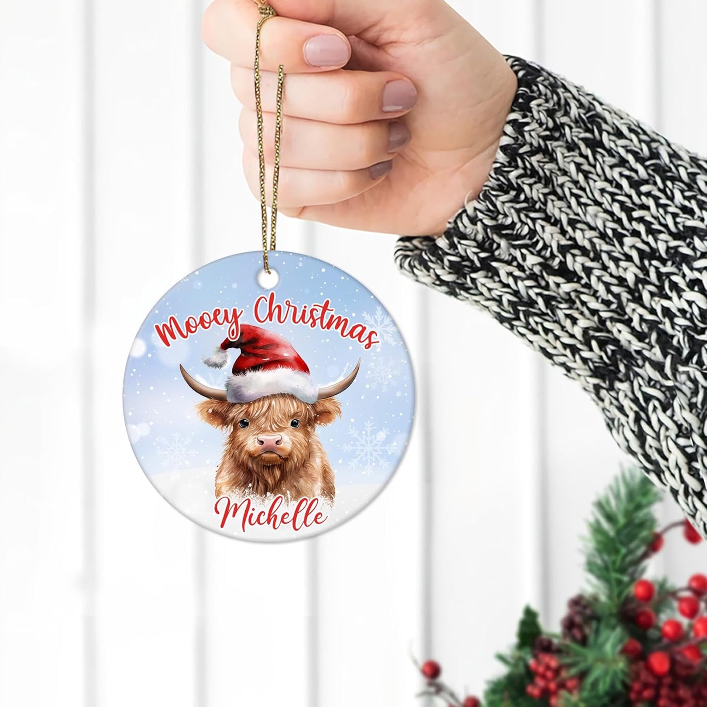 Highland Cow Santa Hat Ceramic Circle Ornament – Personalized Christmas Gift for Cow Lover, Farmhouse Tree Decor Keepsake for Her